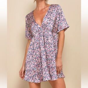 Lulu's Express Yourself Blush Pink Floral Print Satin Babydoll Dress